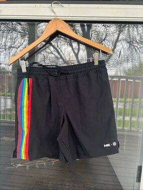 Humankind Black Swim Shorts with Rainbow Side Stripe Accent